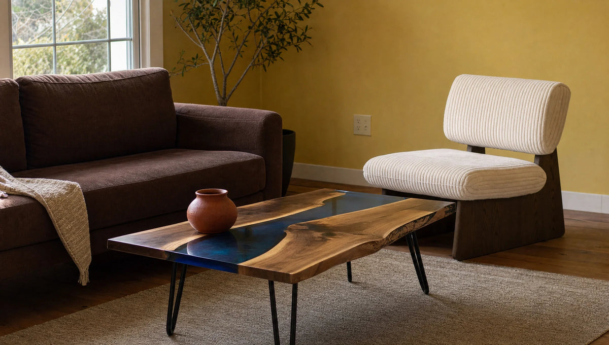 Living room with a brown upholstered sofa, a modern wood and blue resin river coffee table with slender black legs, a cream corduroy and dark wood accent chair, and a butter yellow wall with a plant in the corner.