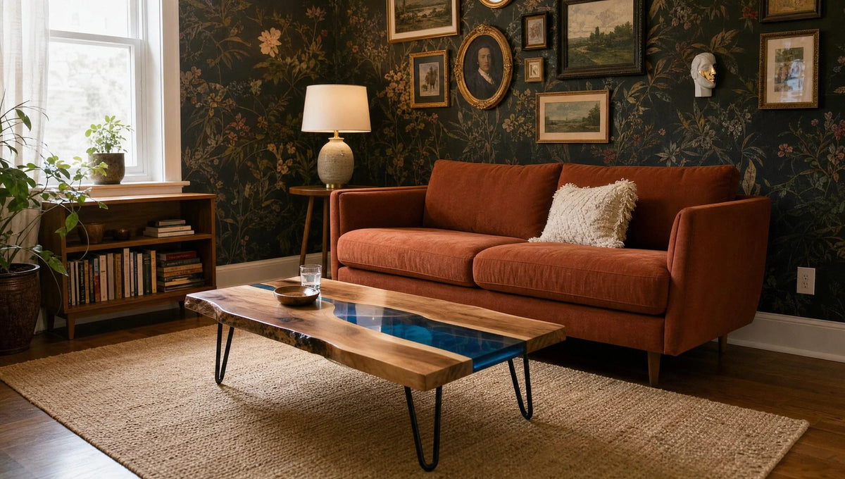 Cozy living room with a burnt orange sofa adorned with a white textured pillow, a wooden coffee table featuring a blue resin river detail, a beige textured rug, and a dark floral wallpaper decorated with multiple framed artworks.