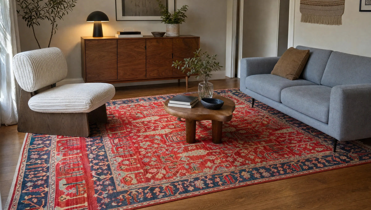 Red patterned rug anchoring a pale blue sofa, cream wood-sided chair and walnut cabinet.