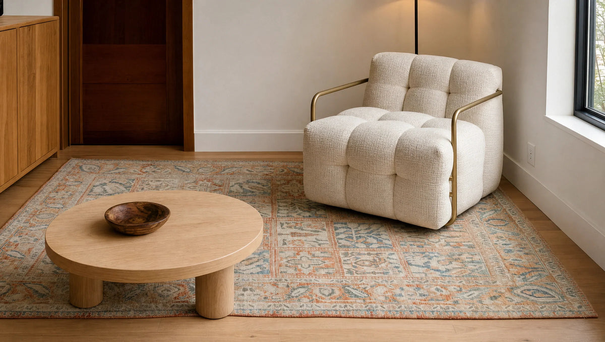 A cozy corner with a tufted beige armchair featuring slim brass arms, placed on a vintage-style muted patterned rug with soft blue and rust accents, next to a round light wood coffee table holding a small wooden bowl.