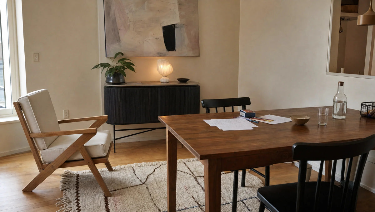 Wooden worktable, cream wooden armchair and low dark cabinet sharing a daylit apartment.