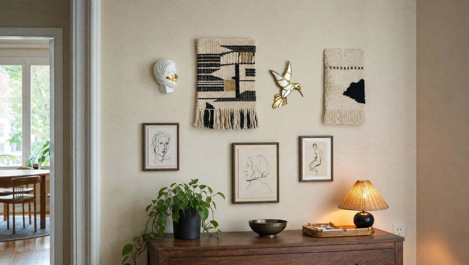 Mixed-media gallery wall combining drawings, woven pieces, a small face sculpture and a mirrored hummingbird above a console.