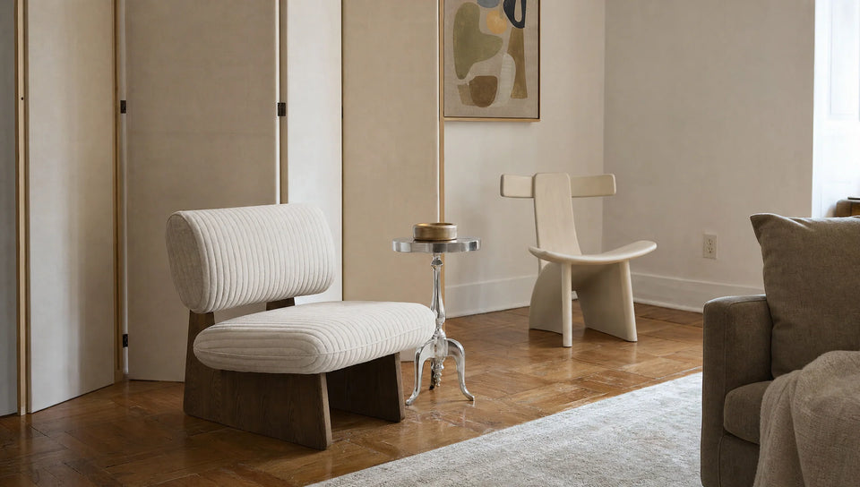Contemporary cream corduroy chair, silver drinks table and linen folding screen in a light living room.