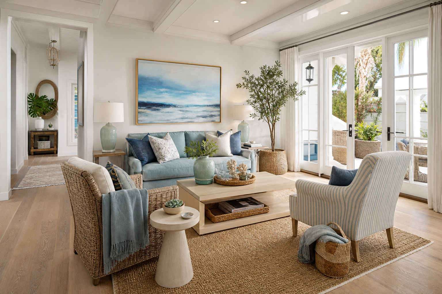 small coastal living room ideas shown in a bright coastal living room with Resin Society furniture and decor context
