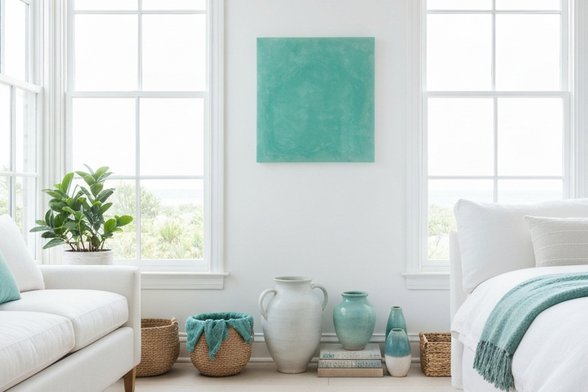 small resin wall art shown as calm aqua resin wall art in a white coastal bedroom or reading corner