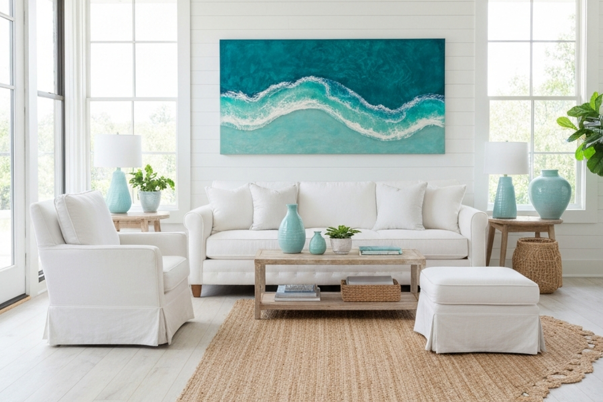 small resin wall art shown as large ocean-inspired resin wall art in a bright coastal living room above a sofa