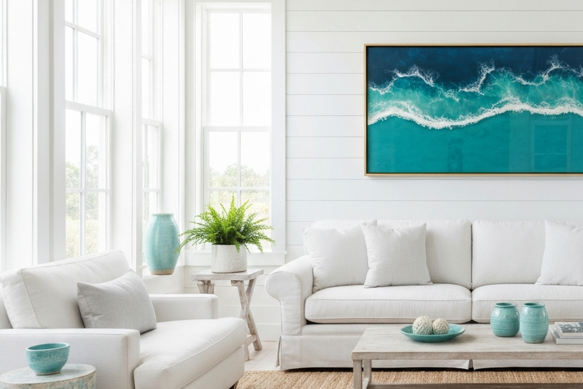 statement wall art coastal shown as large ocean-inspired resin wall art in a bright coastal living room above a sofa