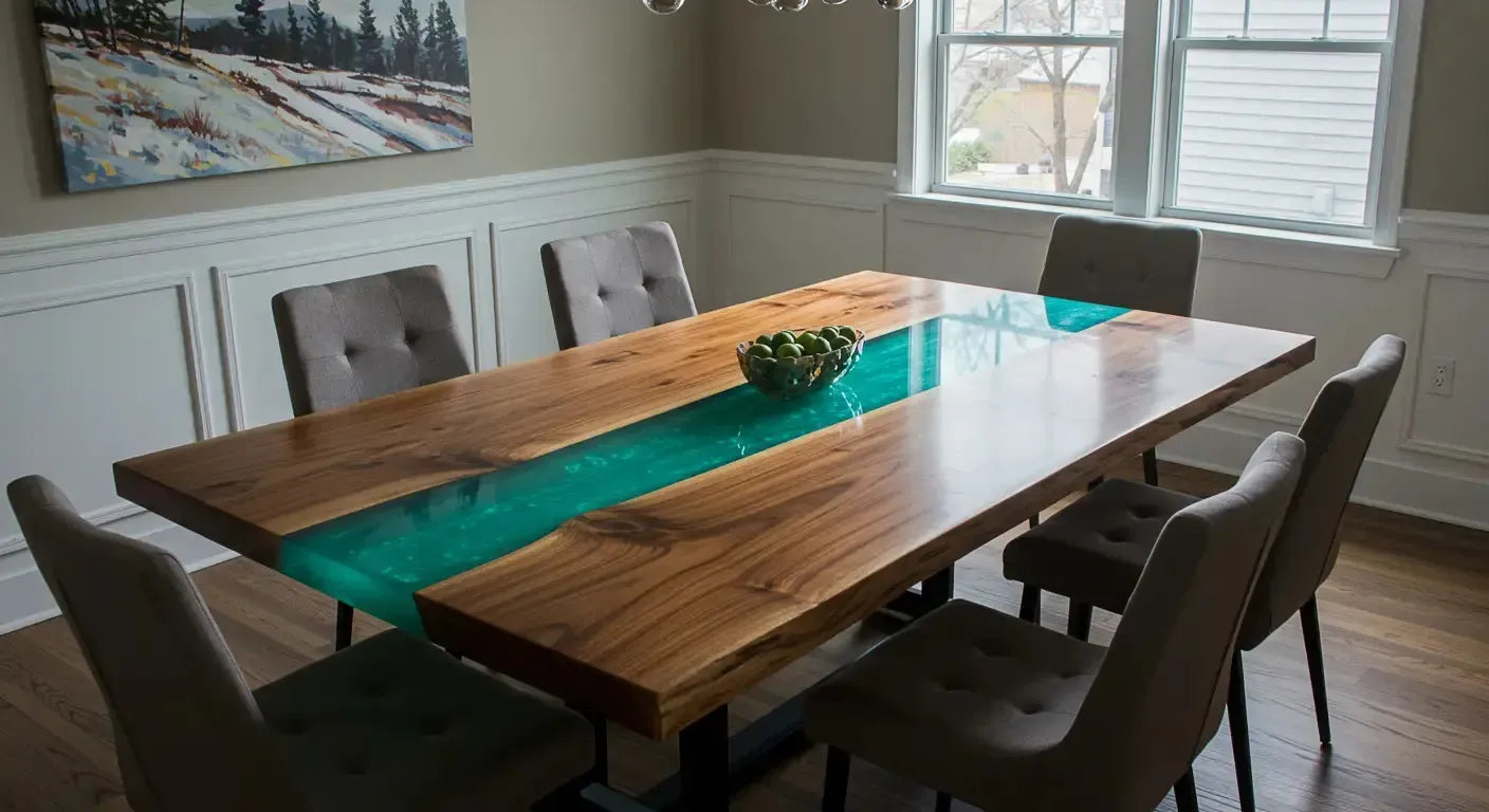 Finished epoxy dining table ideas that look finished, not busy hero image showing epoxy resin and wood for epoxy dining table look finished, with clear.