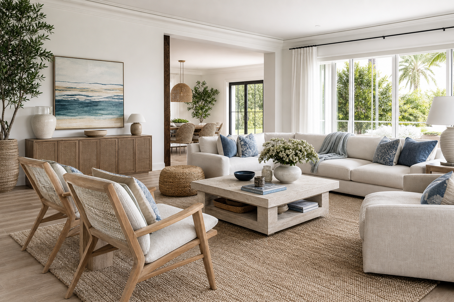 what makes a living room feel expensive shown in a bright coastal living room with Resin Society furniture and decor context