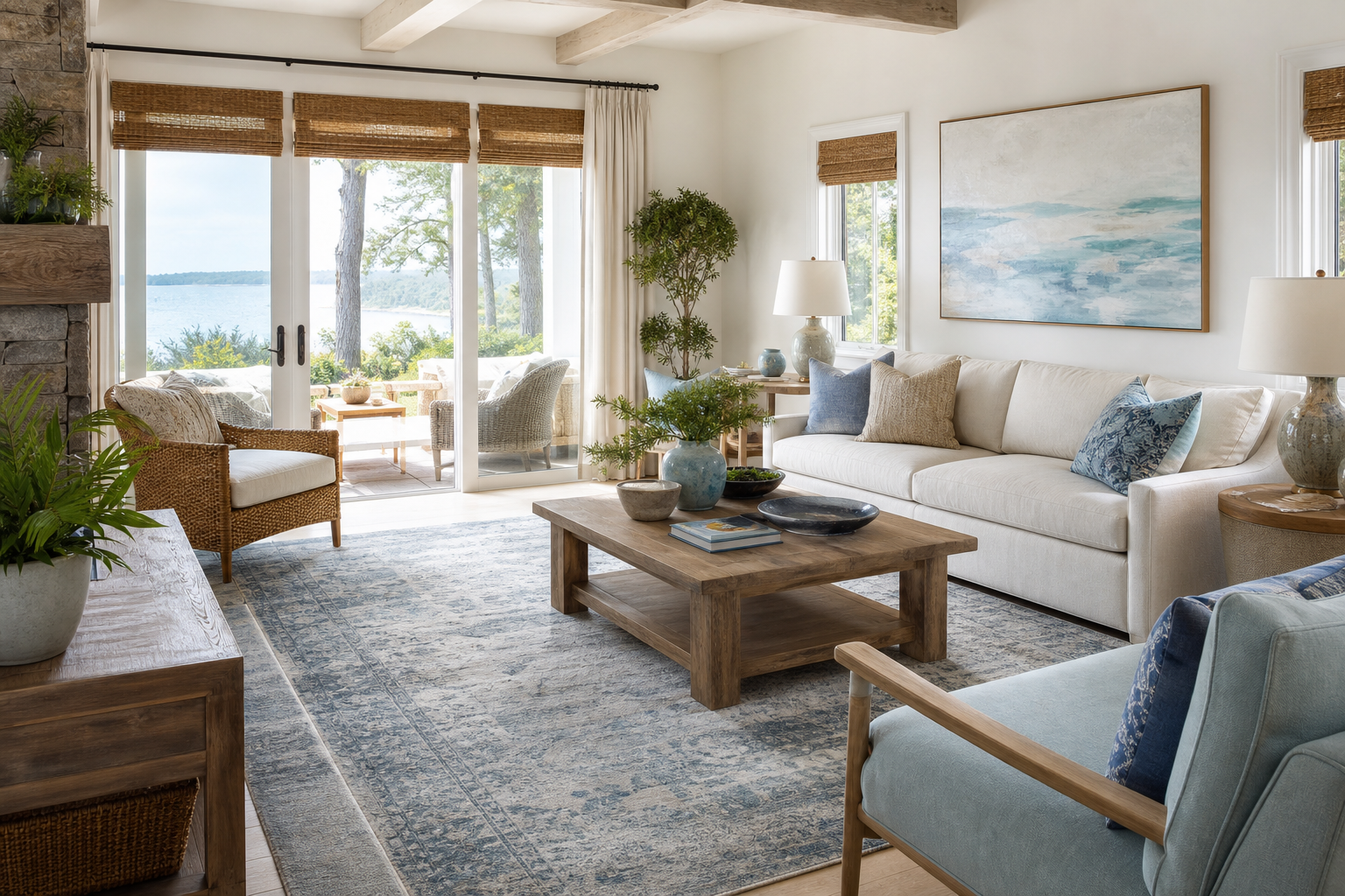 living room rug size sofa coffee table shown in a bright coastal living room with Resin Society furniture and decor context