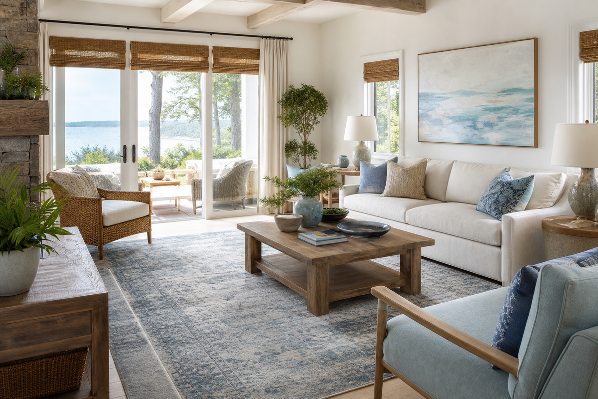 living room rug size sofa coffee table shown in a bright coastal living room with Resin Society furniture and decor context