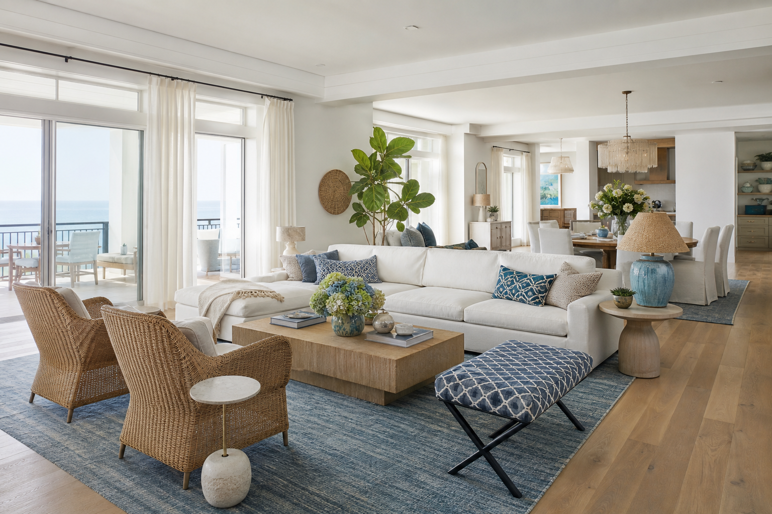 white sofa living room ideas shown in a bright coastal living room with Resin Society furniture and decor context