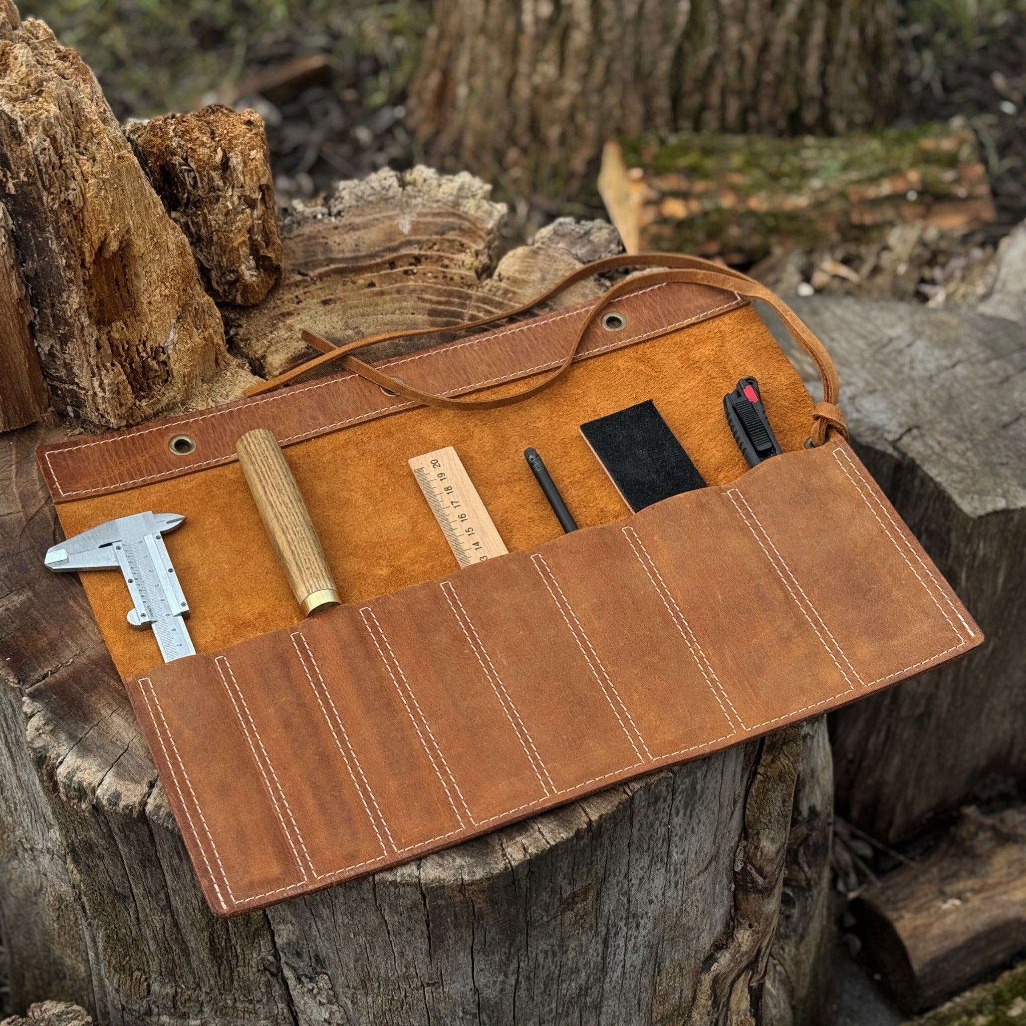 Woodworking Tool Storage featuring 8 Pocket Leather Chisel Roll at Resin Society