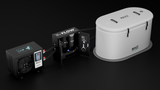 RevX X-FLOW Cold Plunge Filtration System with black control unit, open filtration module showing tubes and filter elements, and an off-white insulated tank with black latches.