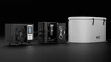 Three-part RevX X-FLOW Cold Plunge Filtration System with black mechanical unit, black filtration module with labeled components, and white textured insulated tub on a dark background.