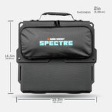 Black Spectre 56W solar panel with hexagonal pattern, a padded handle, front pouch with vibrant cyan 'SPECTRE' and orange 'Dark Energy' logos, dimensions labeled beside