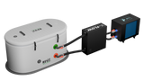 Compact RevX X-FLOW Cold Plunge Filtration System with a white oval water tank connected via black hoses to a black control box and a blue-cooling unit on a black background.