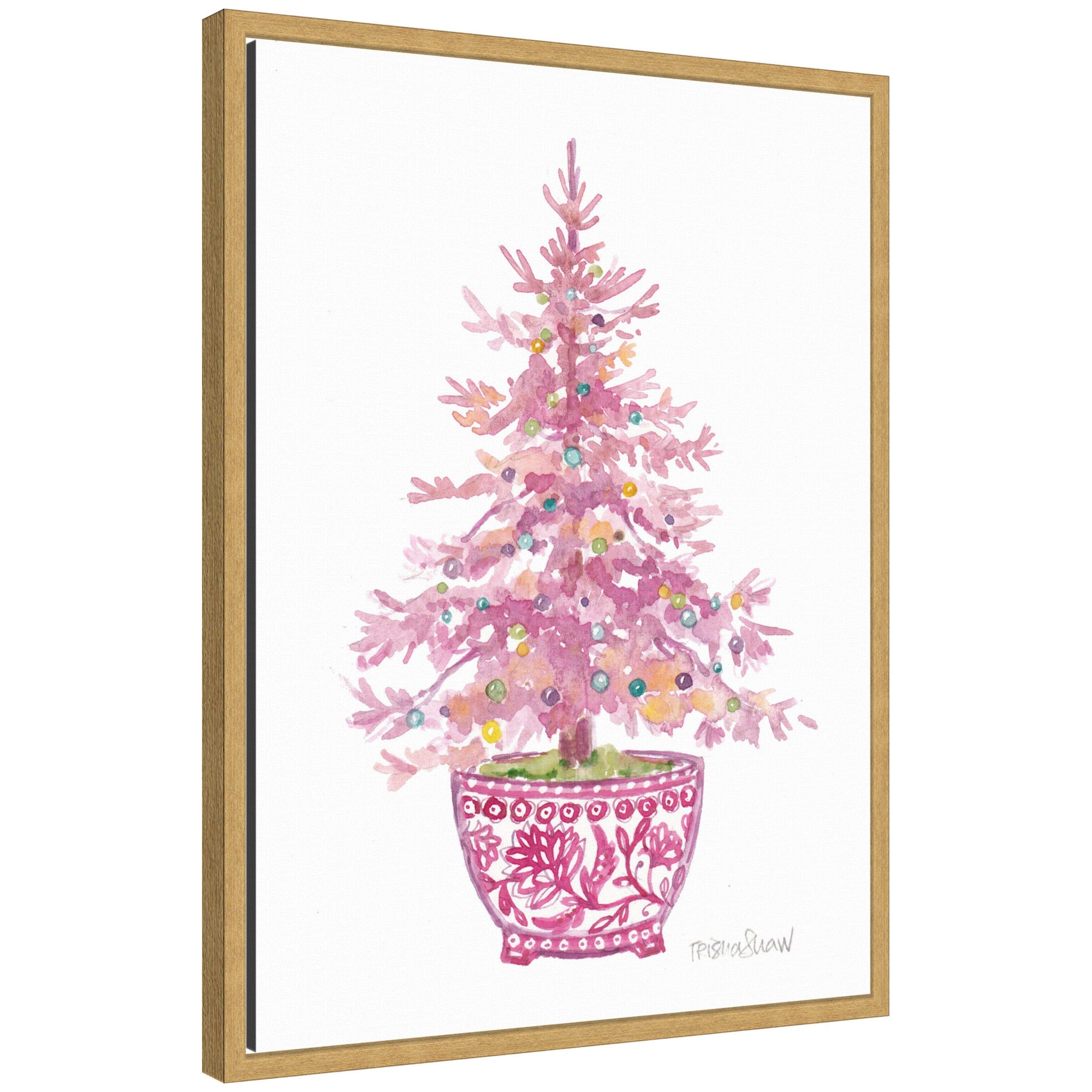 Sylvie Framed Canvas Pink Christmas Tree by Patricia Shaw showing a pink Christmas tree with colorful ornaments in an ornate floral pot, framed in modern moulding.