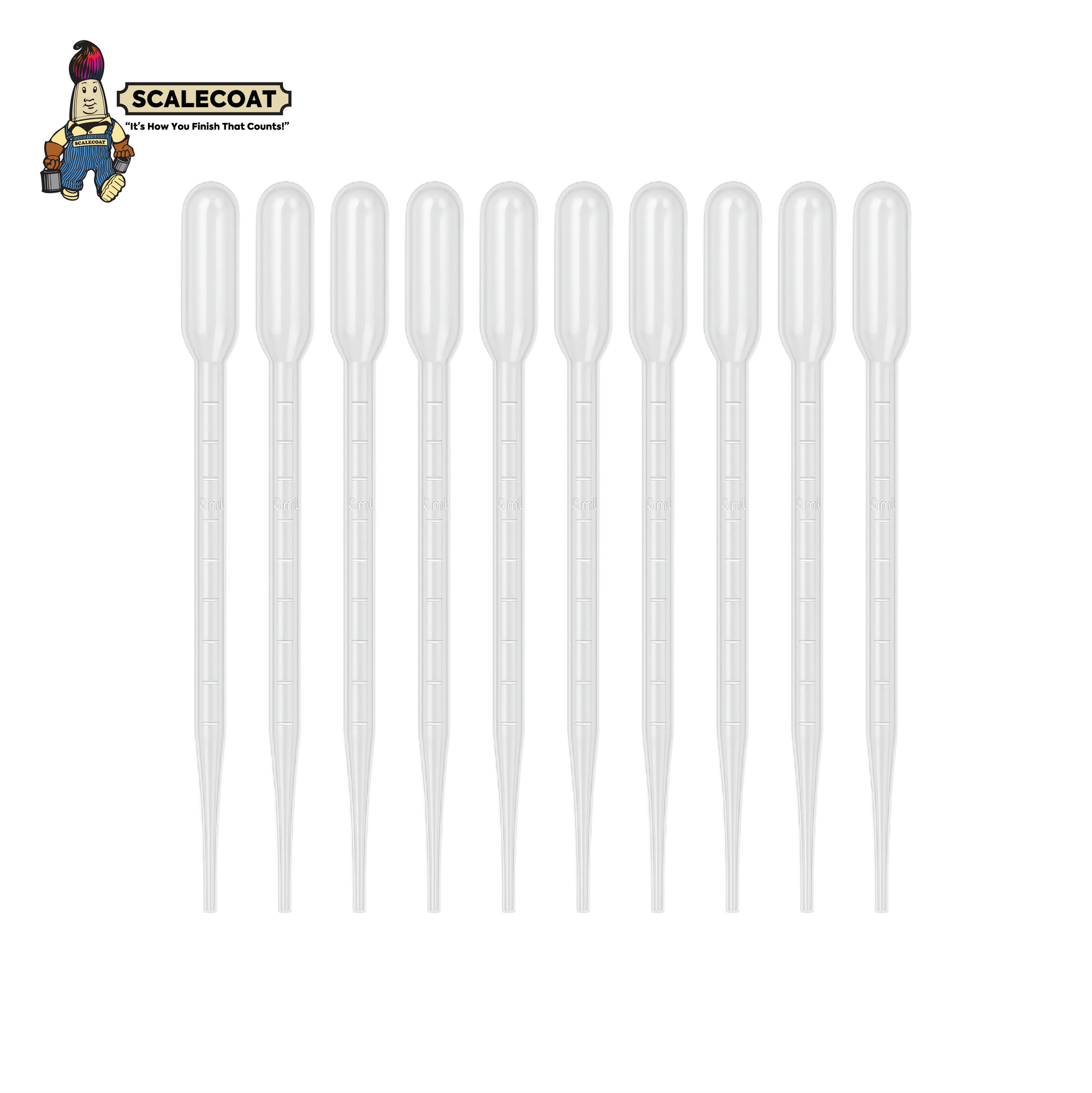Ten clear disposable Scalecoat 3ml pipettes arranged side by side on a plain background