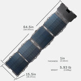 Folded blue and black solar panel array measuring 64.5 by 15.5 inches with 1 inch thickness and 5.93-pound weight, shown flat on white background.