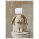 Painting of a beige bunny sitting on a white toilet with a roll of toilet paper balanced on its head, on a muted brown-gray background.