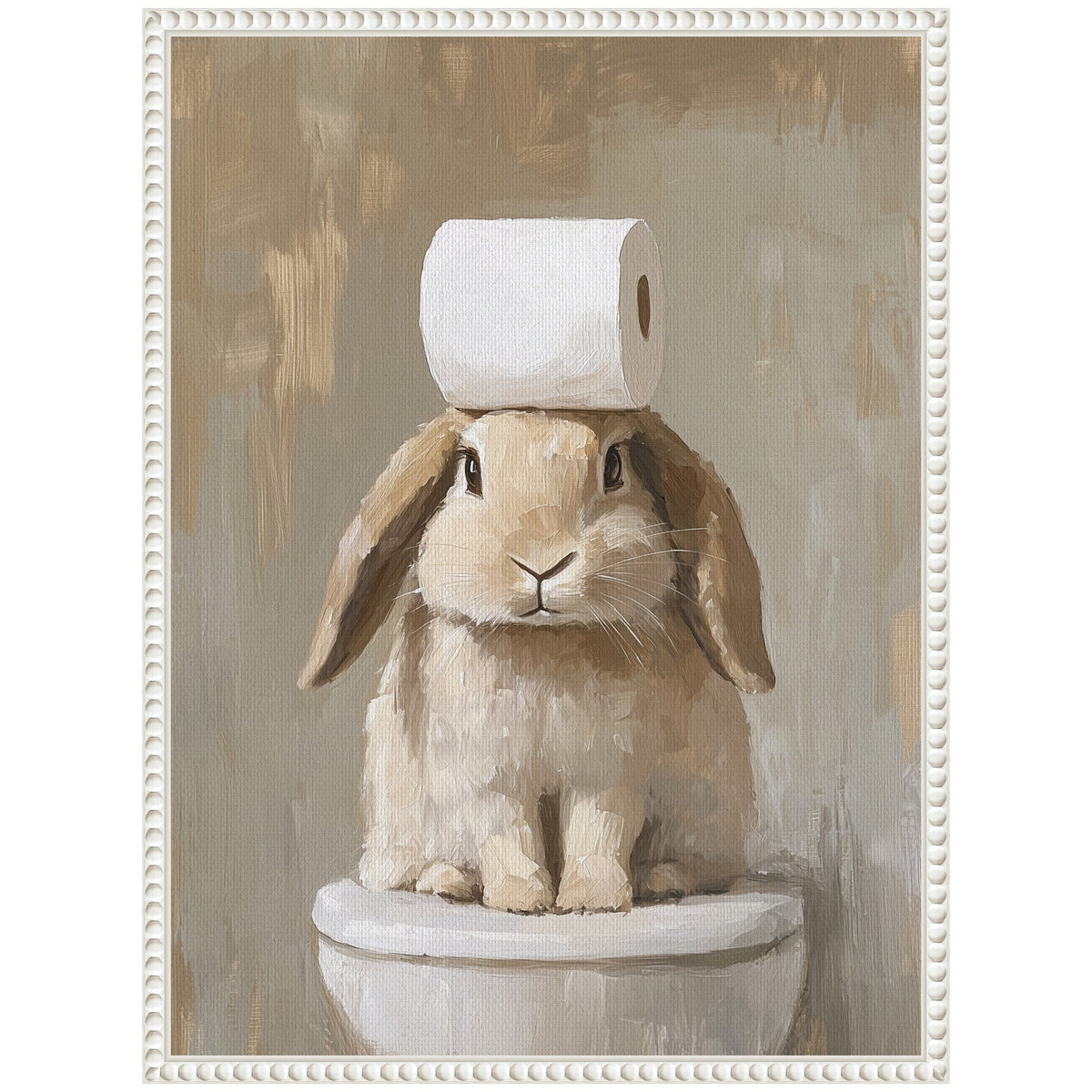 Painting of a beige bunny sitting on a white toilet with a roll of toilet paper balanced on its head, on a muted brown-gray background.