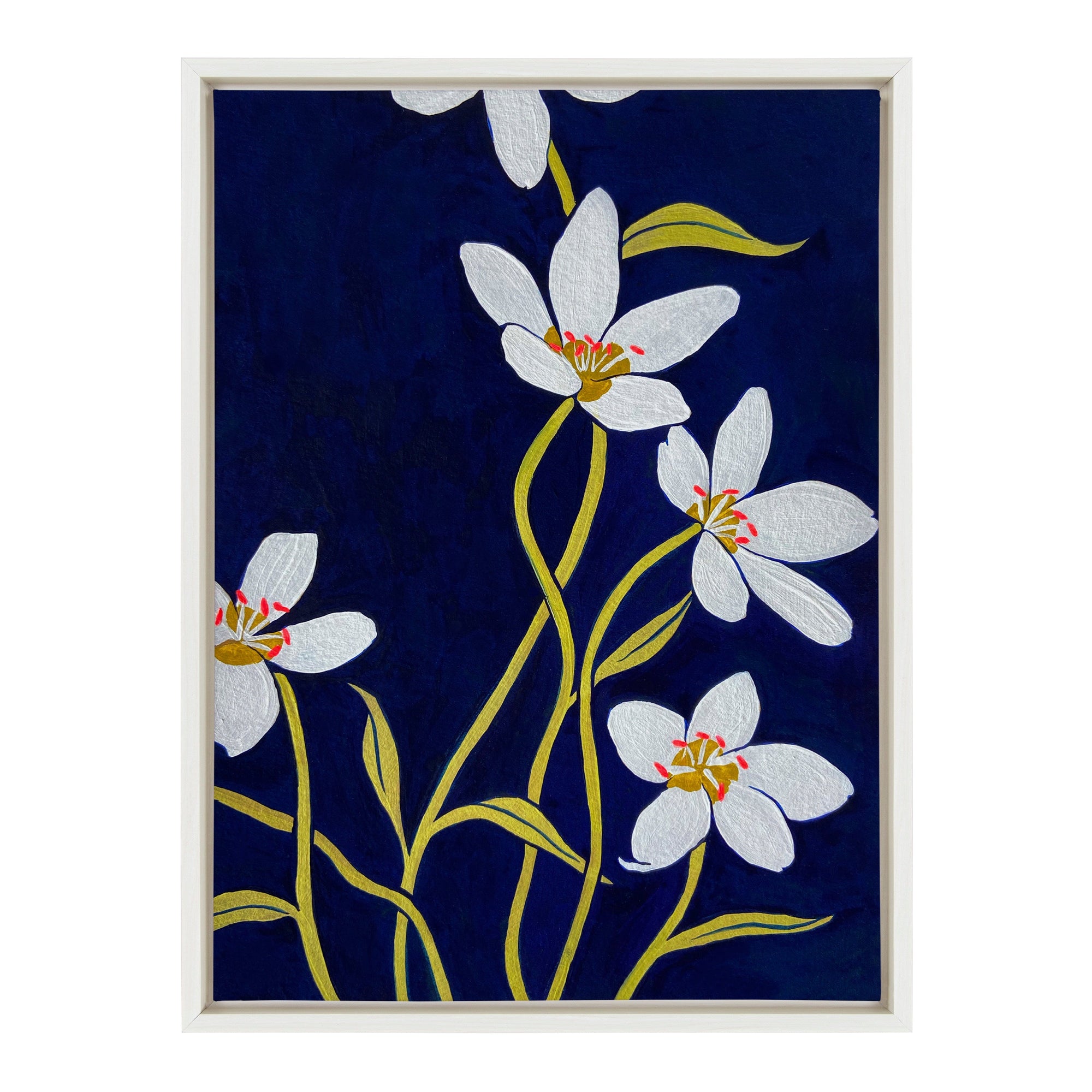 Sylvie Spring Beauties framed canvas art by Emma Daisy, showing floral motifs with a Beaded Gold frame against a neutral wall.