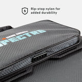 Close-up of the Spectre 56W solar panel's black hexagonal-patterned rip-stop nylon cover with a three-button control panel and partial light blue text.