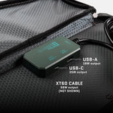 Green rectangular power adapter with labeled USB-A and USB-C ports on hex pattern black surface inside a carry case, next to a coiled black cable.