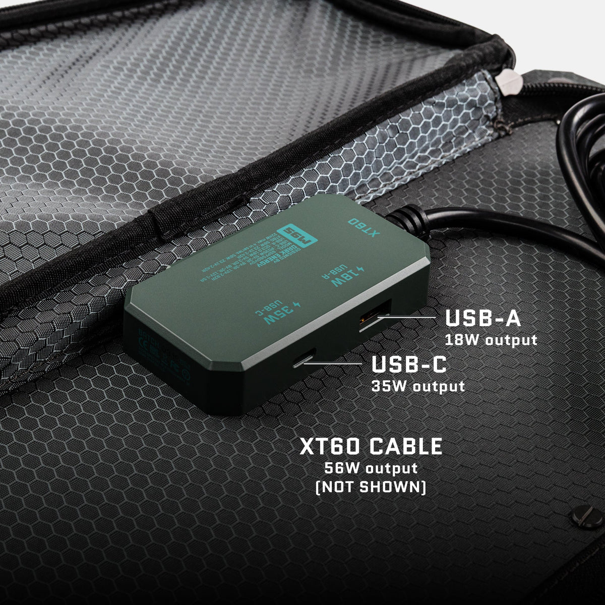 Green rectangular power adapter with labeled USB-A and USB-C ports on hex pattern black surface inside a carry case, next to a coiled black cable.
