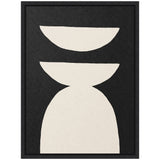Black canvas framed in black featuring three off-white geometric shapes: a semicircle on top, a half-ellipse below, and a large rounded vertical shape at the bottom center.