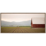Wide view of a red barn with a white roof overlooking neatly planted crop rows, with misty hills in the background under a pale sky.