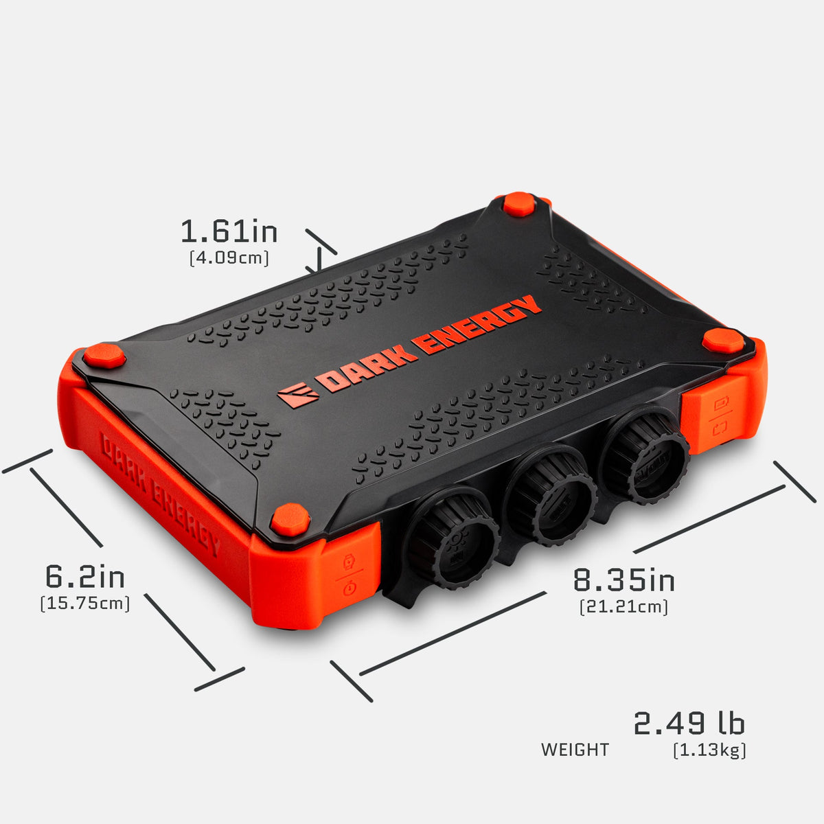 Rectangular black and orange Dark Energy power bank with textured surface and three circular ports, shown with dimensions and weight on a white background.