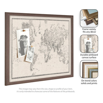 Framed Fabric Pinboard Vintage Black and White Linen World Map Wall Organization