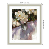Painting of white flowers in a glass vase with green leaves, reflected softly on a shiny surface with warm and cool tones blending around them