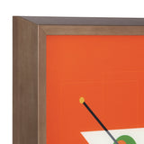 Close-up of a framed art print corner with a wooden frame, featuring an orange background and a thin black diagonal line ending with a small yellow circle.