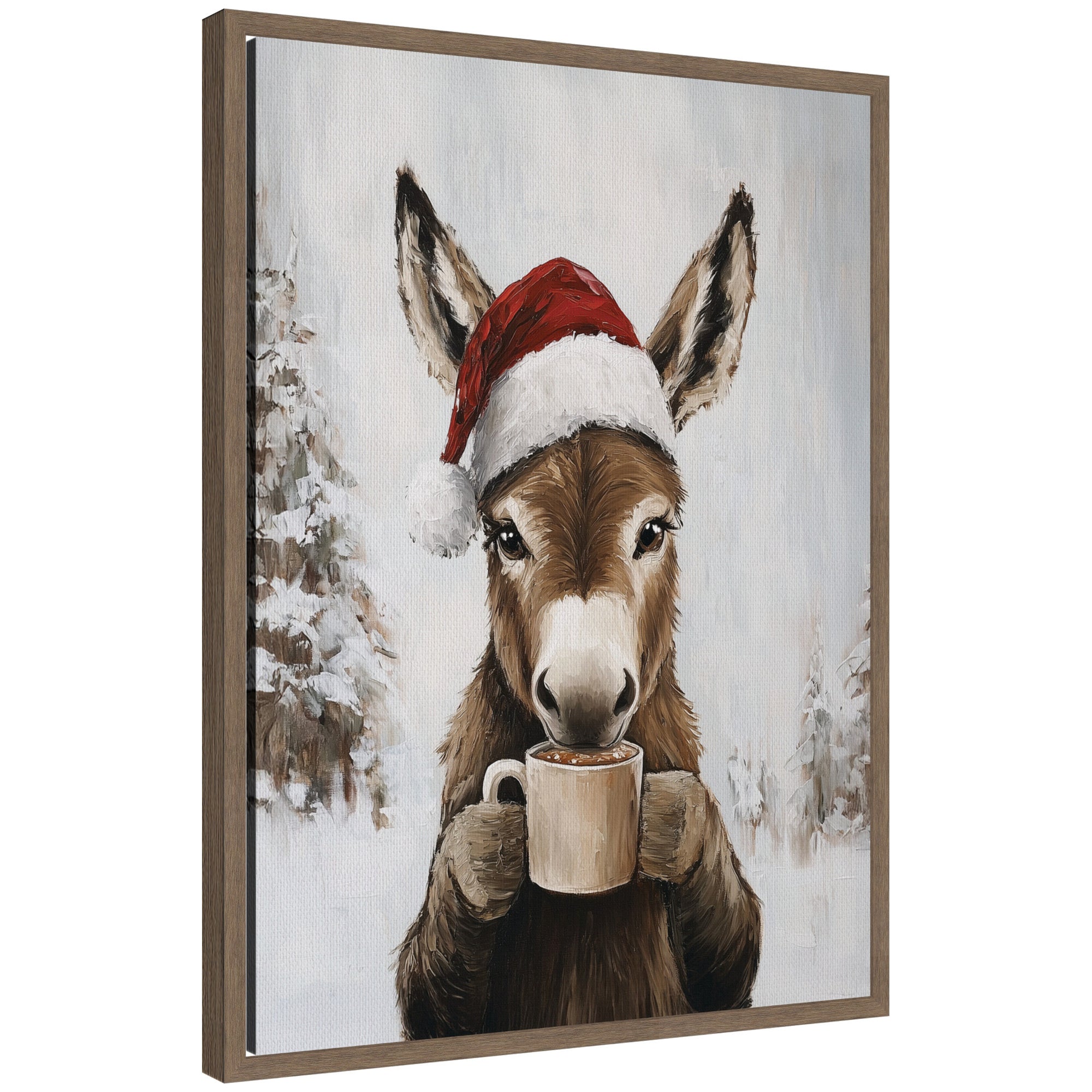 Framed canvas art of a donkey wearing a Santa hat, drinking hot cocoa surrounded by snowy winter trees