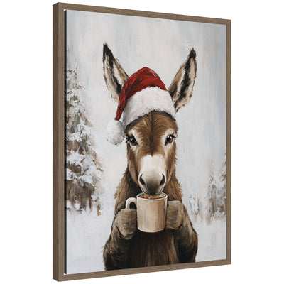 Framed canvas art of a donkey wearing a Santa hat, drinking hot cocoa surrounded by snowy winter trees
