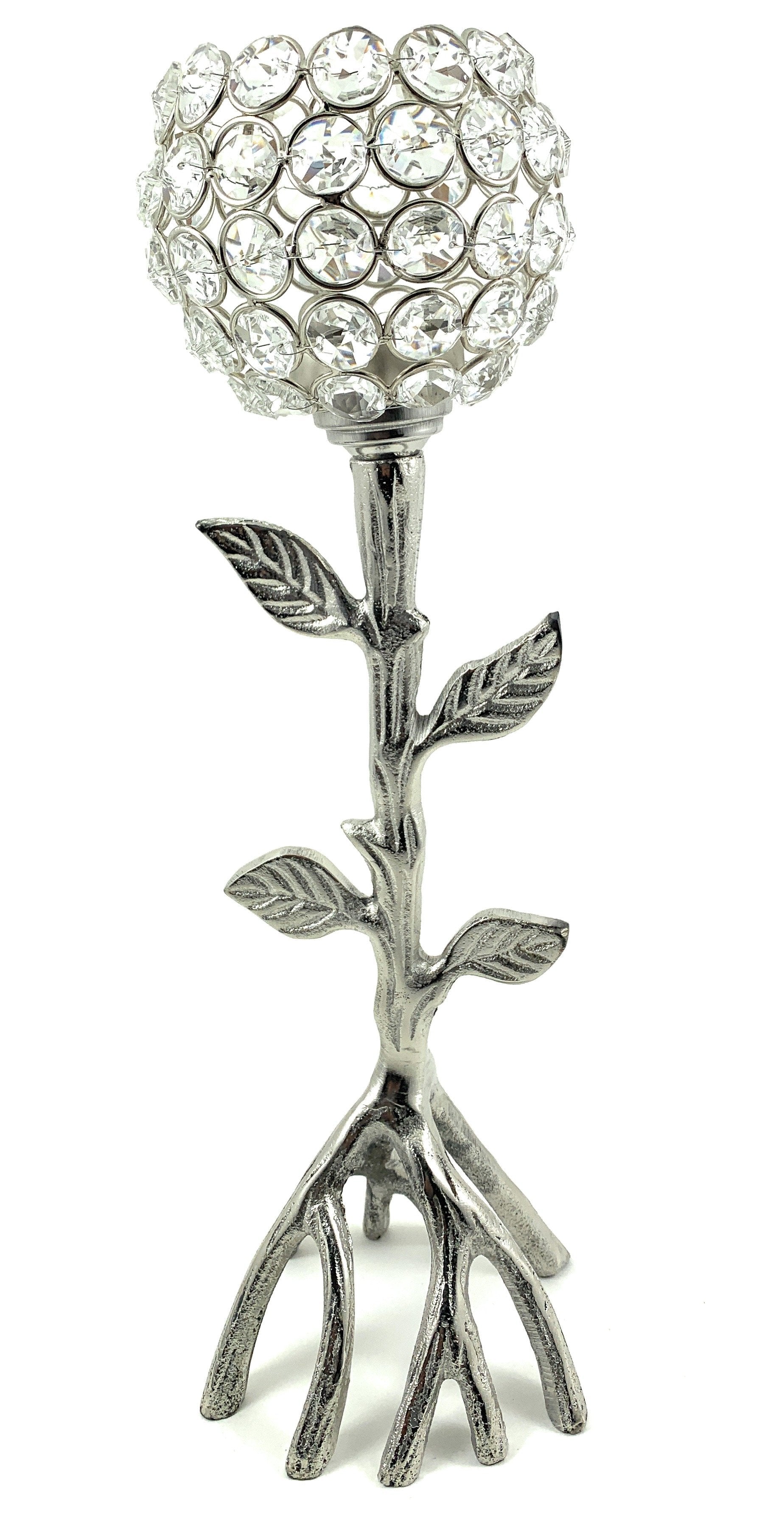 Silver Tree Hurricane Candle Holder with crystal accents on aluminum base reflecting candlelight