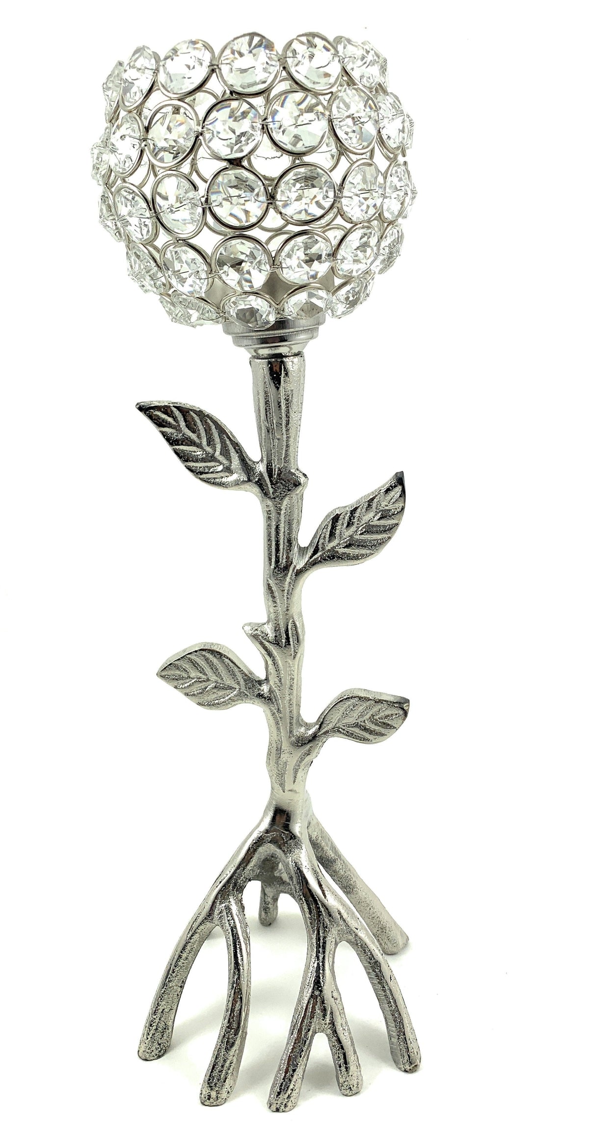 Silver candle holder shaped like a tree with branching roots as the base and a spherical top covered in round clear crystals.