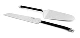 Cake server and knife with black twisted handles and silver accents, featuring a triangular blade for serving and a serrated knife blade, shown on white background.
