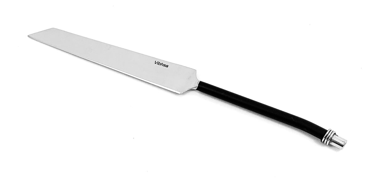 Long, slim cake knife with a polished silver blade and a smooth, curved black handle featuring silver rings near the end, shown on a white background.