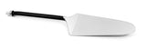 Cake server with a smooth silver blade and a glossy black twisted handle topped with a silver cap, shown on a white background.
