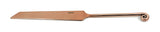 Copper-finished cake knife with a narrow, straight blade and a handle ending in a decorative spiral curl, shown on a white background.