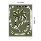 Abstract green canvas featuring a bold black and white striped line forming a spiky flower shape and looping stem inside a rectangular border.
