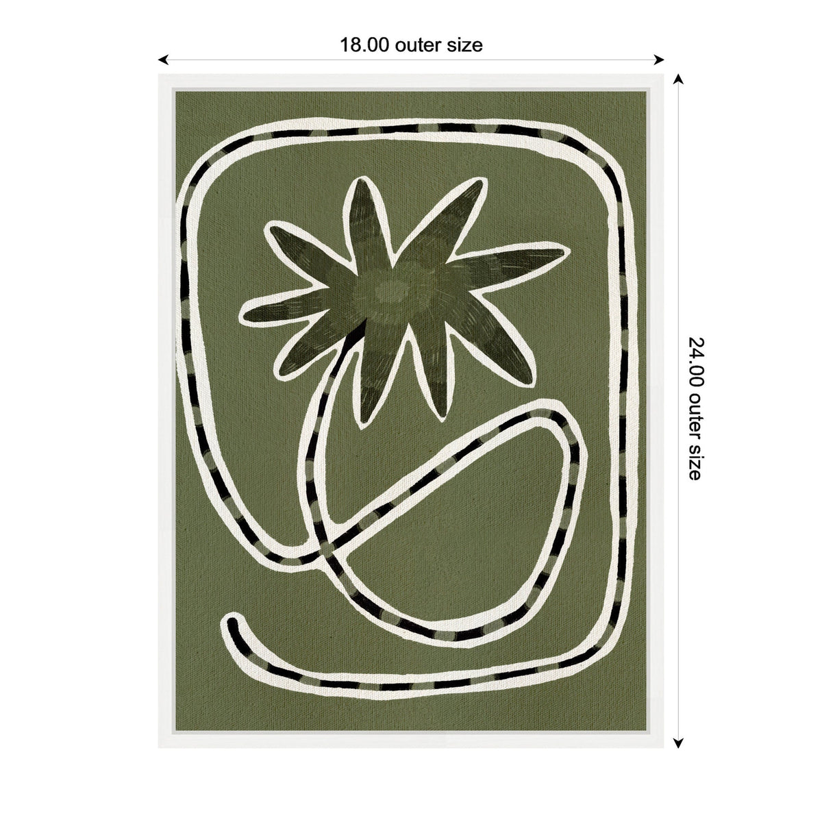Abstract green canvas featuring a bold black and white striped line forming a spiky flower shape and looping stem inside a rectangular border.