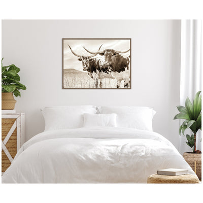 Sepia Texas Longhorn Cattle in Pasture by The Creative Bunch Studio Framed Canvas Wall Art Print