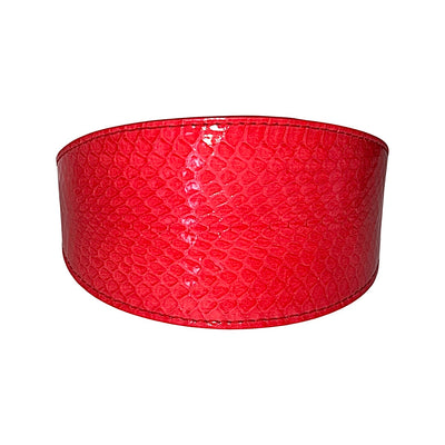 Red and orange snake pattern wide collar displayed on neutral background
