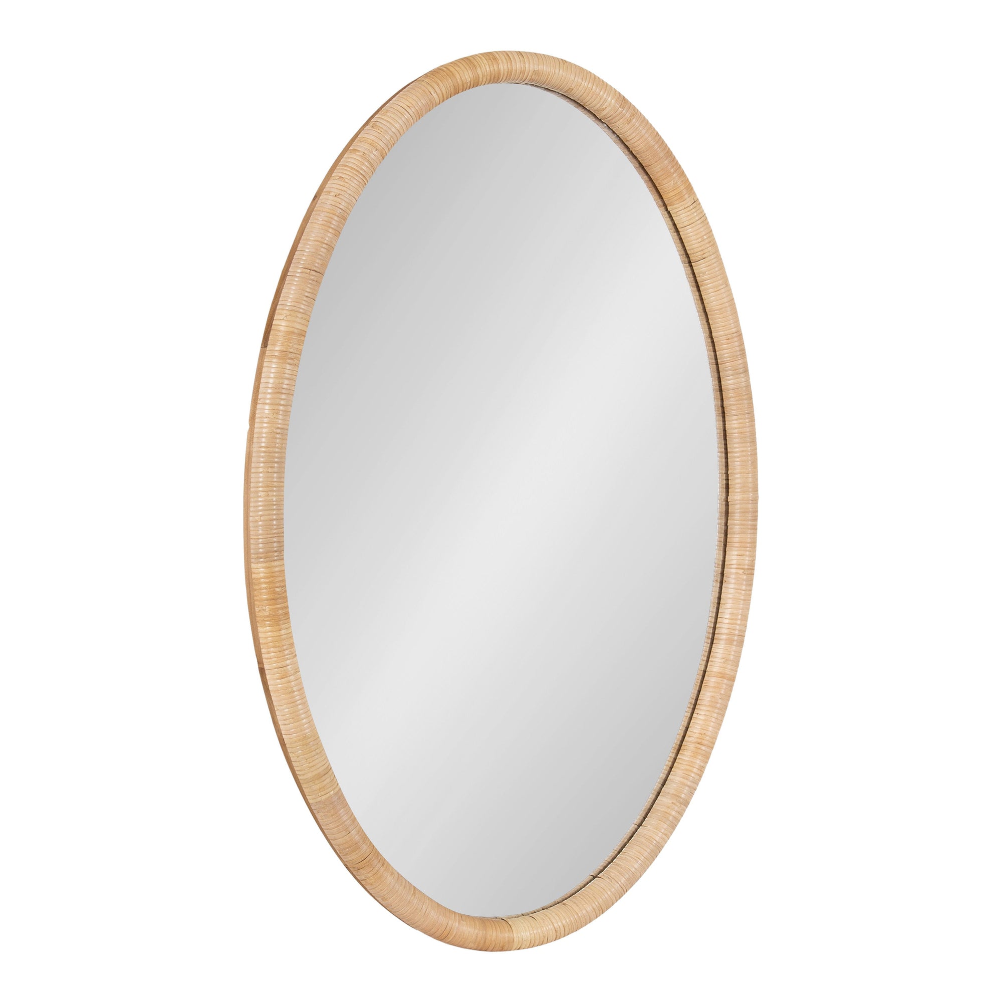 Rahfy Oval Framed Wall Mirror with natural rattan frame hung on a white wall