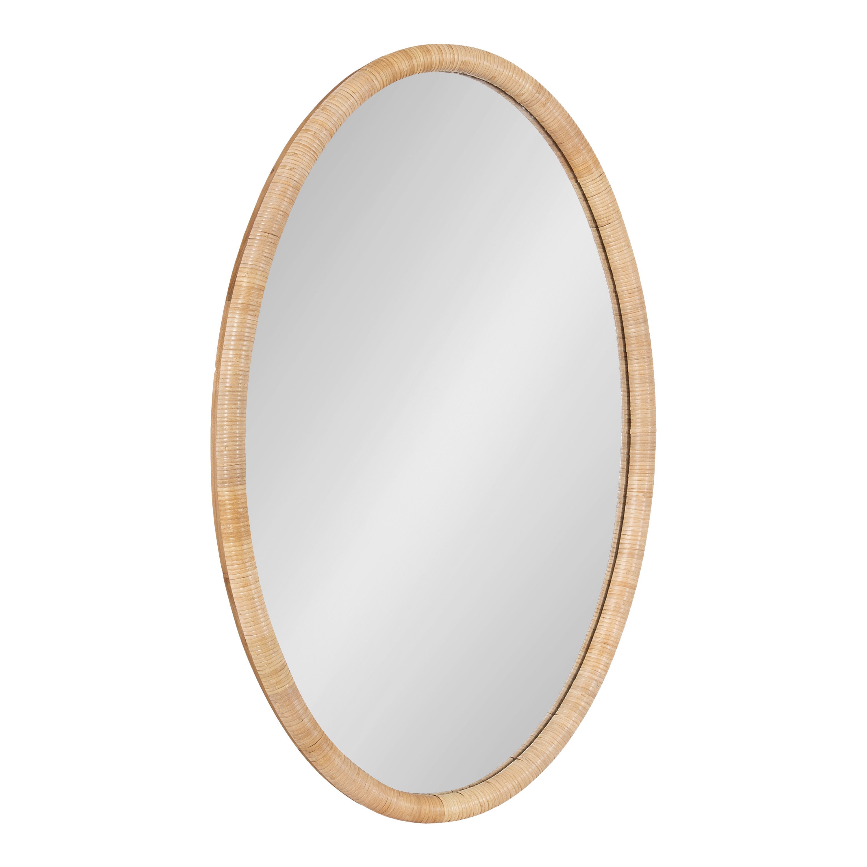 Rahfy Oval Framed Wall Mirror with natural rattan frame hung on a white wall